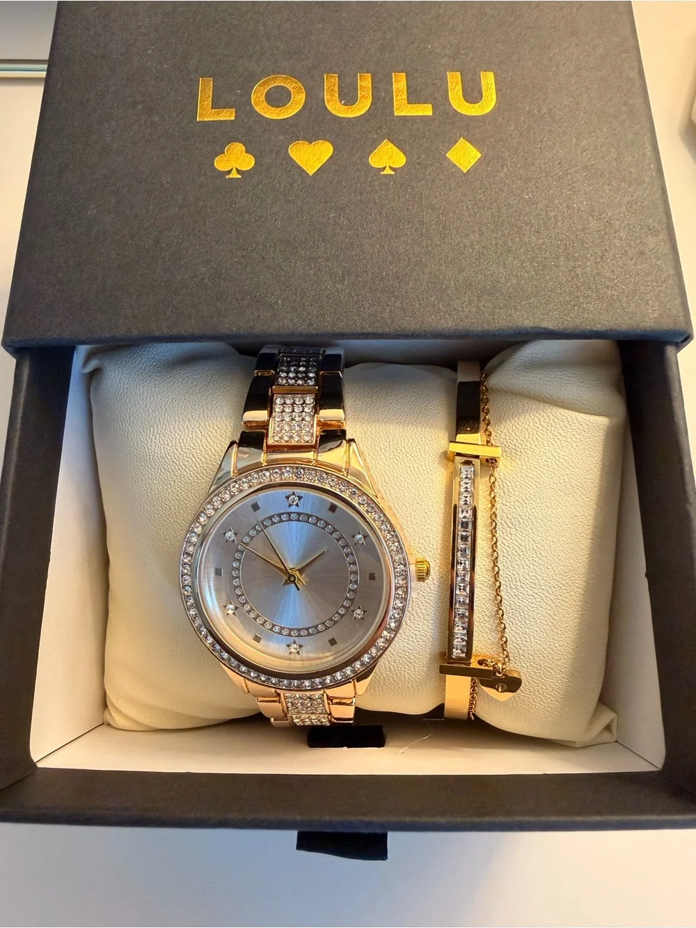 LOULU Women's Gold-Tone Crystal Watch and Bracelet Set